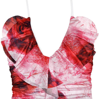 Halter ruffle rose print ruched backless cami mini dress