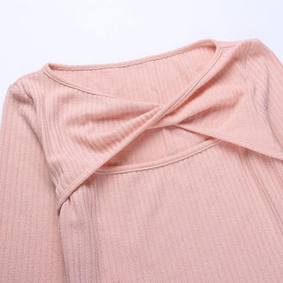 Long sleeve knitted hollow out ribbed cross front crop cut out top