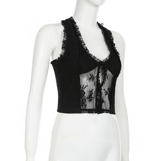 U neck lace ruffle hollow out tank cut out top