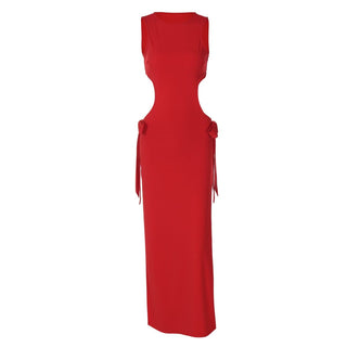 Crewneck sleeveless bowknot hollow out slit cut out maxi dress