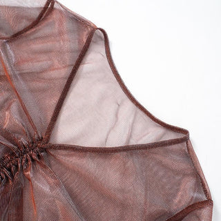 Long sleeve v neck drawstring ruched mesh top