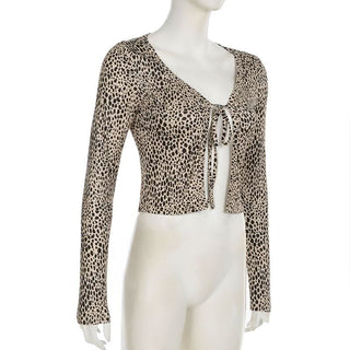 Leopard print long sleeve self tie crop top