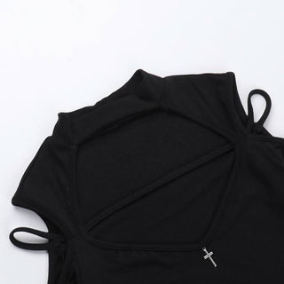 High neck long sleeve hollow out cross metal cut out top