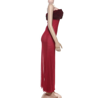 Fluffy patchwork mesh backless tube maxi dress