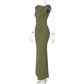 Sleeveless crewneck ruched solid maxi dress