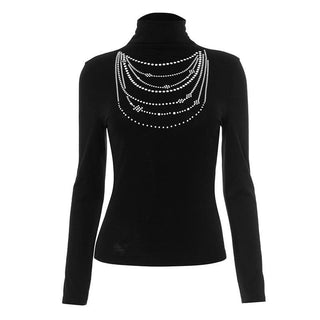 Long sleeve high neck beaded print contrast top