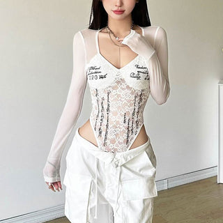 Long sleeve lace v neck letter print button bodysuit