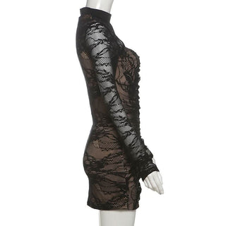 High neck long sleeve lace hollow out cut out mini dress