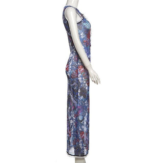 Sleeveless crewneck lace up print sheer mesh maxi dress