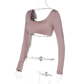 Long sleeve u neck backless solid top