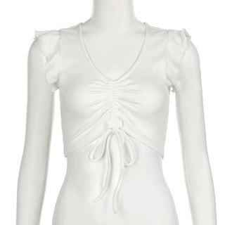 Cap sleeve drawstring ruched ribbed crop top