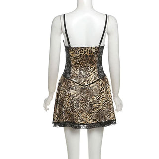 Lace hem leopard print v neck button cami mini dress