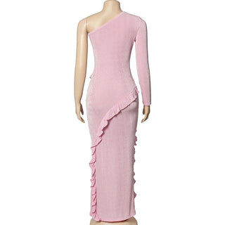 One shoulder solid ruffle irregular maxi dress