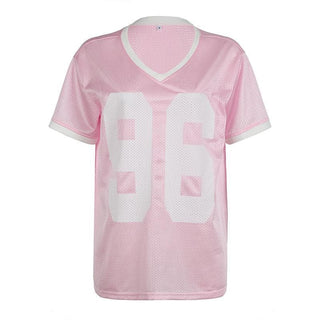 Short sleeve stitch textured â€œ96â€ v neck top