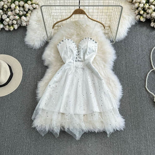 Sweetheart neck beaded glitter mesh mini dress