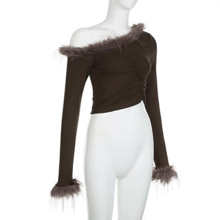 Feather irregular long sleeve ruched off shoulder crop top