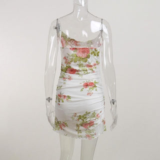 Cowl neck sheer mesh flower print ruffle cami mini dress