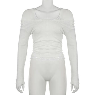 Off shoulder long sleeve lace patchwork top