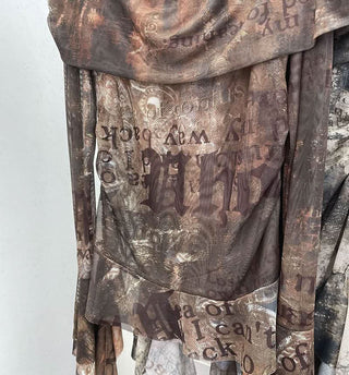 Long sleeve mesh print off shoulder ruched top