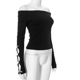 Long sleeve off shoulder bowknot hollow out ribbed cut out top