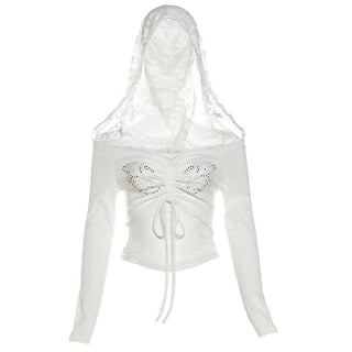 Hoodie off shoulder long sleeve lace beaded drawstring top