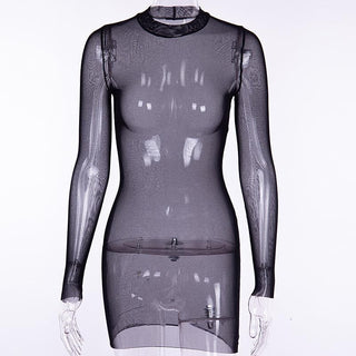 Sheer mesh see through solid long sleeve mini bodycon dress
