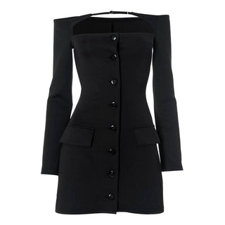 Off shoulder long sleeve button hollow out cut out mini dress
