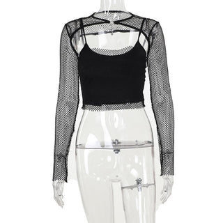 Long sleeve fishnet shrug cross applique 2 piece top