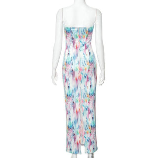 Ripple contrast high slit backless maxi dress
