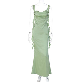 Cowl neck satin backless ruffle cami maxi dress