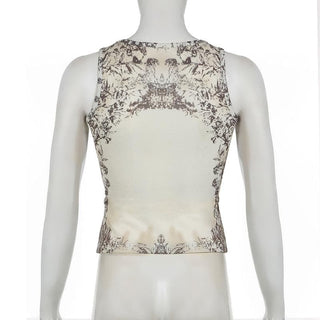 Sleeveless u neck print ribbed top
