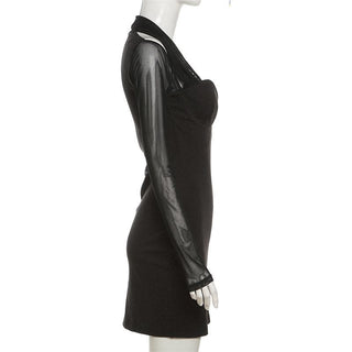 Long sleeve halter mesh patchwork solid mini dress