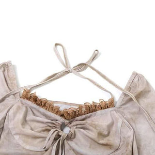 Long sleeve v neck hollow out lace hem halter cut out top