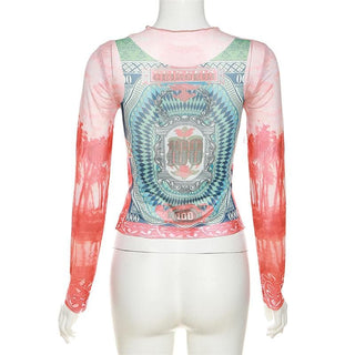 Long sleeve crewneck contrast abstract mesh top