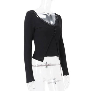 U neck long sleeve lace hem 2 piece cami top