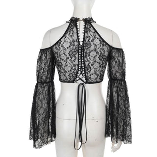 Long sleeve off shoulder lace hollow out shrug cut out top