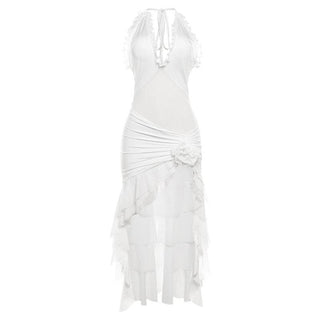 Halter ruffle ruched mesh flower applique maxi dress