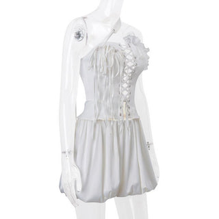 One off shoulder irregular lace up satin ruffle puff skirt set