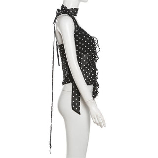 Halter polka dot ruffle chiffon 2 piece see through top