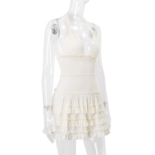 Halter smocked knotted ruched ruffle mini dress