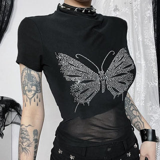 Short sleeve high neck butterfly beaded top