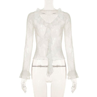 Long sleeve ruffle lace see through top