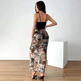 Ruched character print corset square neck cami maxi dress