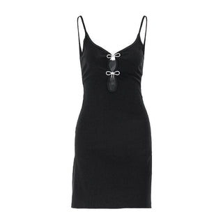 Bowknot sppliques hollow out v neck solid cut out mini dress
