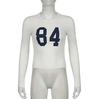 Long sleeve crewneck "84" print contrast top