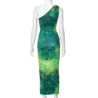 One shoulder print ruched maxi dress