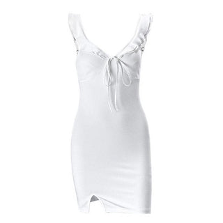 V neck slit knotted backless cami mini dress