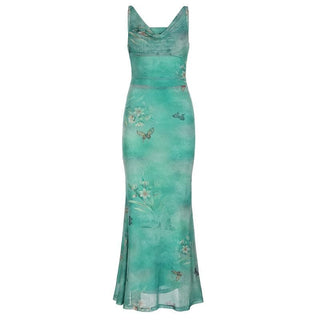 Cowl neck mesh butterfly print ruched cami maxi dress