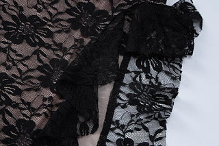 Lace ruffle slit backless ribbon contrast tube midi dress