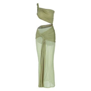 One shoulder ruched hollow out mesh cut out maxi dress